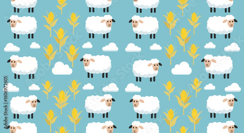 Cute Seamless Pattern with Cartoon Sheep Corn Cobs and Clouds on Blue Background