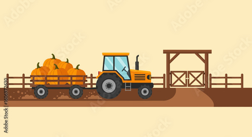 Farm Tractor Pulling a Trailer Full of Pumpkins Through a Farm Gate
