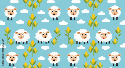 Adorable Seamless Pattern with Cartoon Sheep Corn and Clouds on a Light Blue Background
