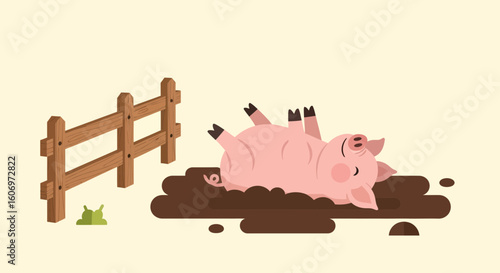 Cute Cartoon Pig Rolling Happily in a Mud Puddle Next to a Wooden Fence