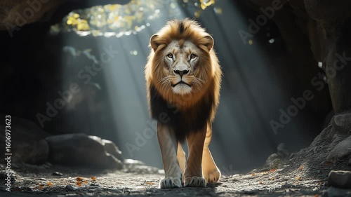 A lion walks confidently through a cave, with sunlight streaming in and casting shadows on the ground. The lion's mane and strong physique stand out against the dark rocks.