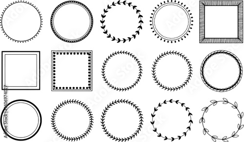Black and white decorative borders and frames with floral and geometric elements circle