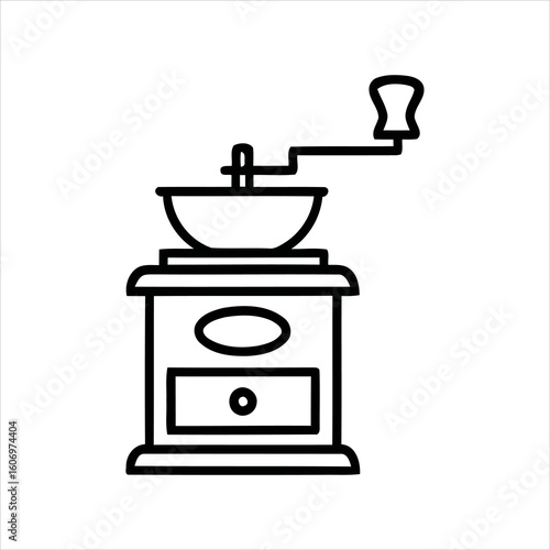 A coffee grinder with a wooden handle. The grinder is black and white