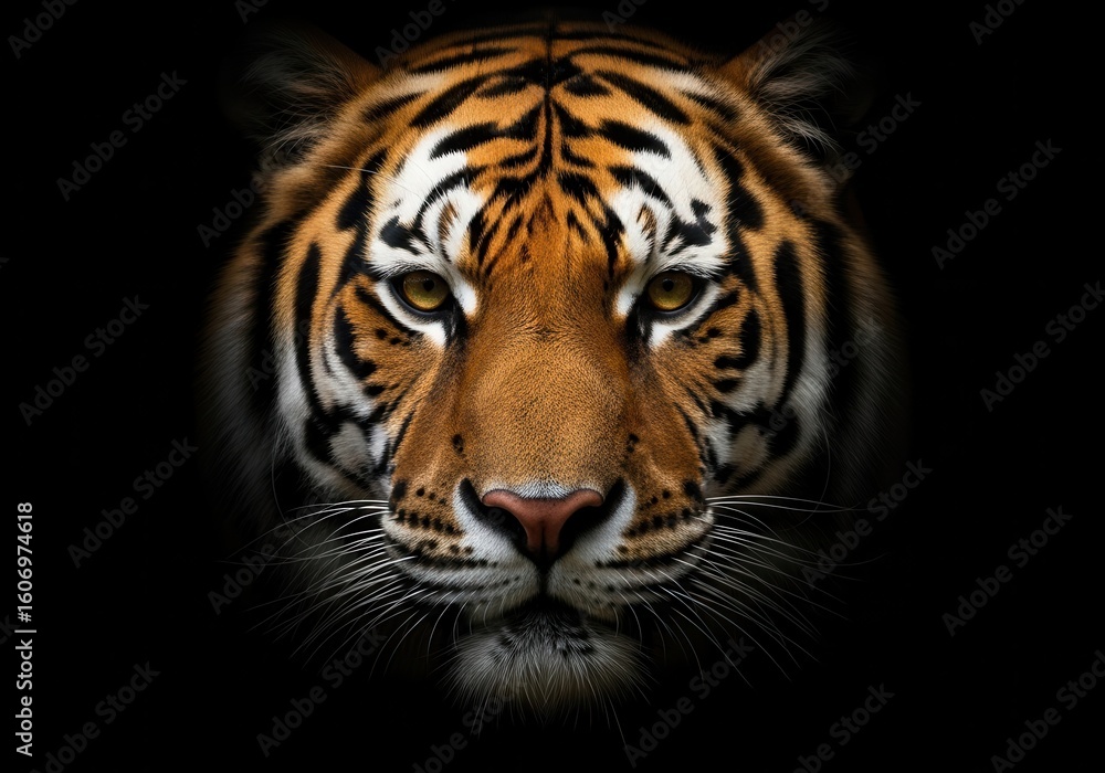 Fototapeta premium Powerful Tiger Gaze Detailed Headshot with Dramatic LowKey Lighting and Intense Expression.