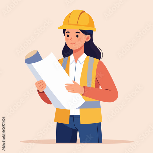 A female engineer wearing a hard hat and safety vest, reviewing architectural blueprints with a focused expression.
