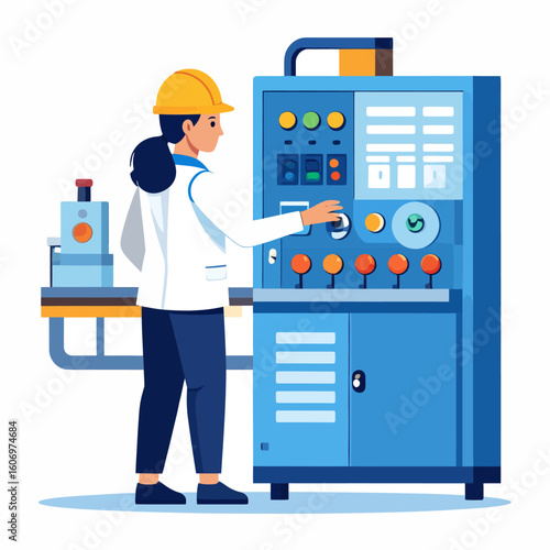 A female engineer in a lab coat and hard hat operates a complex control panel with numerous buttons and displays, indicating a scientific or industrial setting.