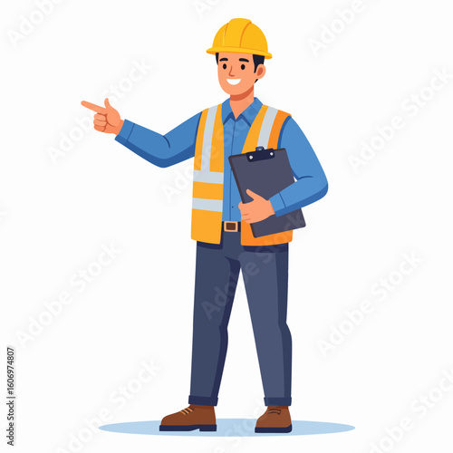 Construction worker with yellow hard hat and safety vest pointing to the left while holding a clipboard.