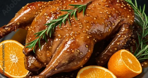 Roast chicken garnished with rosemary and oranges