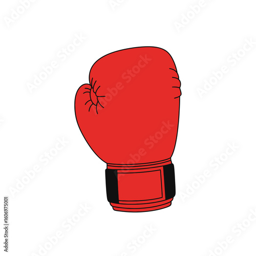 Vibrant red boxing glove with a black outline and wrist strap presented in a simple cartoon illustration style.