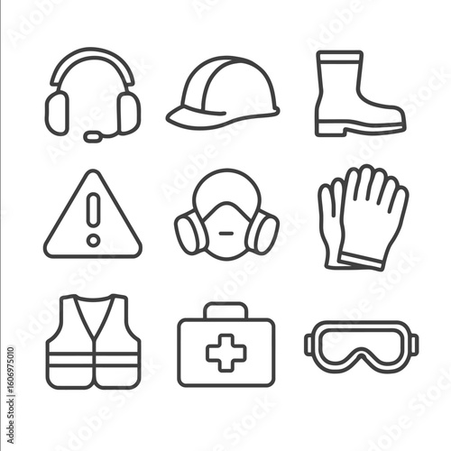 Collection of line icons depicting essential safety equipment and hazard symbols for construction, industrial, and workplace safety guidelines, emphasizing precaution and risk prevention.