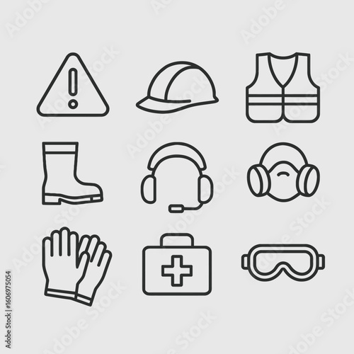 An organized grid of critical workplace safety and personal protection icons, perfect for illustrating health and security measures.