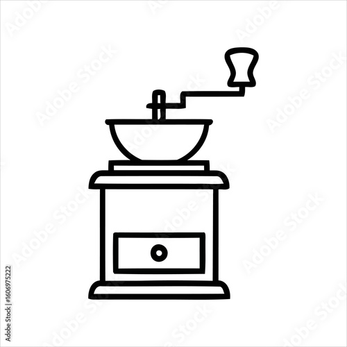 A coffee grinder with a wooden handle. The grinder is black and white