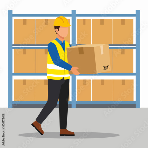 Warehouse worker carrying a cardboard box in a storage facility.