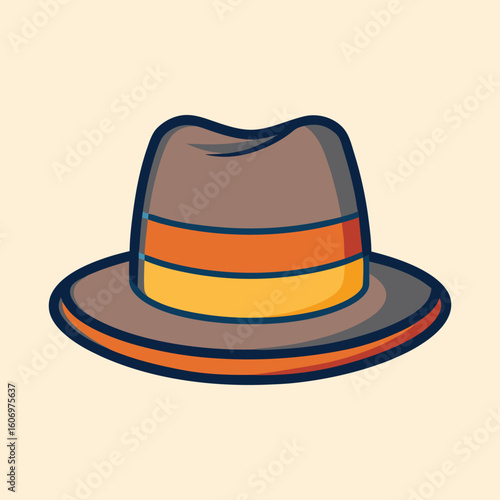 Illustrated brown fedora hat with orange and yellow band on a cream background