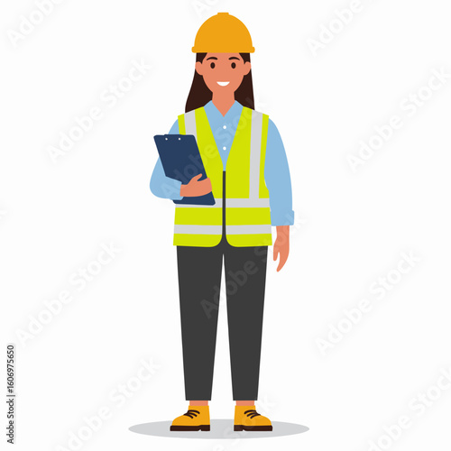Smiling female engineer holding clipboard, wearing safety vest and hard hat.