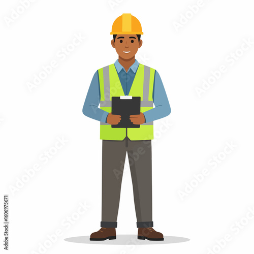 Illustration of a smiling Black construction worker in a hard hat holding a clipboard.