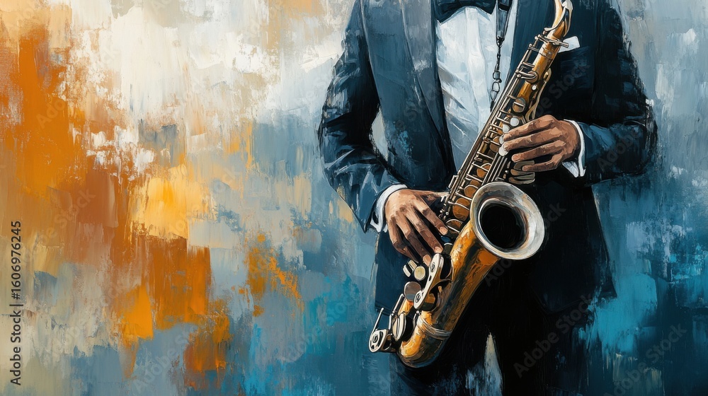 Obraz premium Serene symphony: Expressive artwork of a musician with a saxophone
