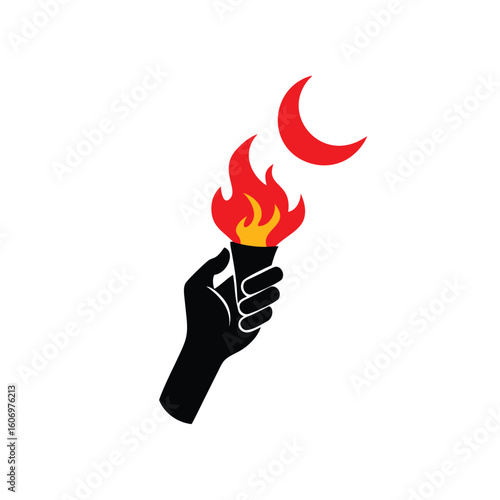 Silhouette of hand holding flaming torch under crescent moon in night sky