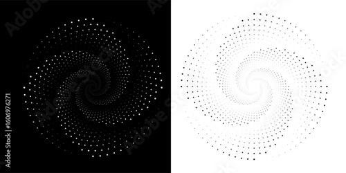 A spiral dots abstract vector illustration pattern backdrop in a metallic hue against a sleek black background.eps10