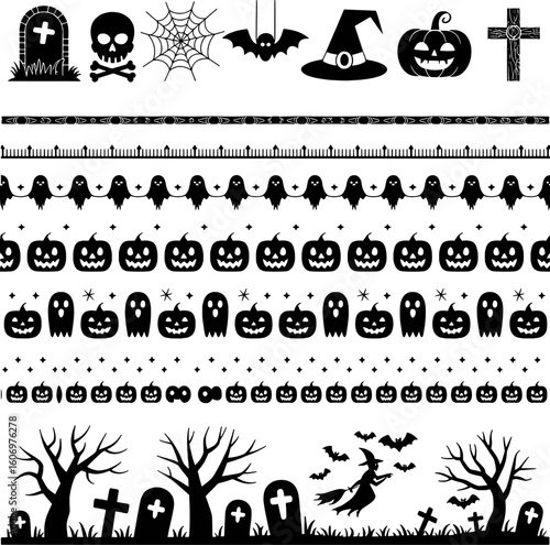 Halloween decorative elements and borders featuring spooky icons and patterns scary holiday
