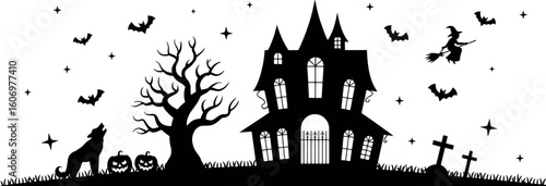 Haunted house silhouette with witch bats and howling wolf halloween
