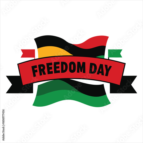 Dynamic ribbon banner proclaiming freedom day is draped over a flowing flag, representing liberty and national identity