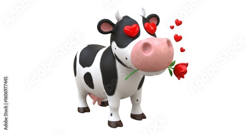 Cartoon cow with hearts and rose