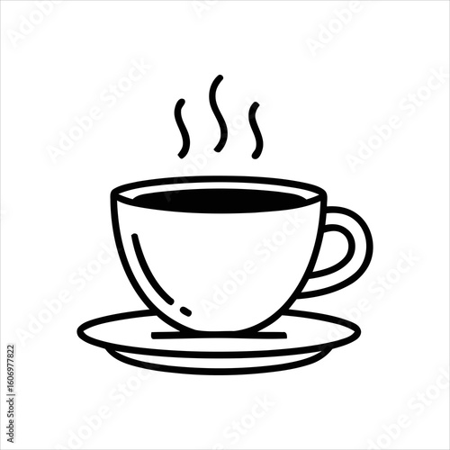 A black and white drawing of a coffee cup with steam rising from it. The cup is sitting on a saucer