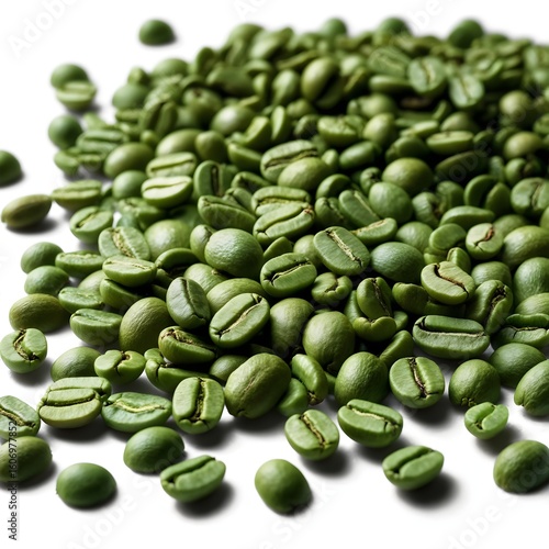 Green coffee beans isolated on white background, raw unroasted seeds used for roasting, brewing, caffeine and beverage preparation