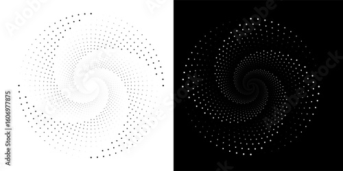 A spiral dots abstract vector illustration pattern backdrop in a metallic hue against a sleek black background.eps10