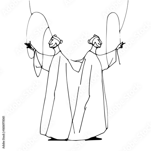 Two figures in robes standing side by side with their arms raised and pointing in opposite directions
