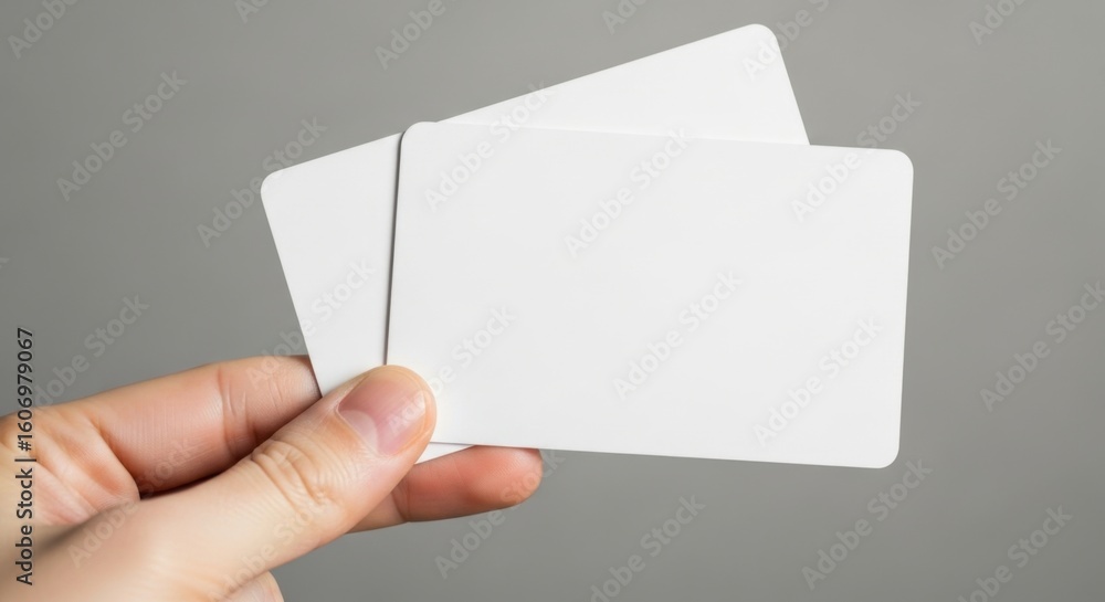 Fototapeta premium Hand Holding Three Blank White Business Cards Over Gray Background