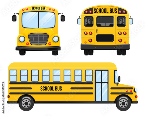 Yellow school bus on three sides. Front side, back side, and side view on a white background in a flat vector style.  Back to School