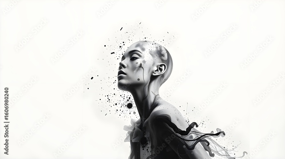 Fototapeta premium Black and white painting of a beautiful, bald and strong woman, black and grey color splashes around, Isolated on a white background, perfect for a book cover or fashion magazine