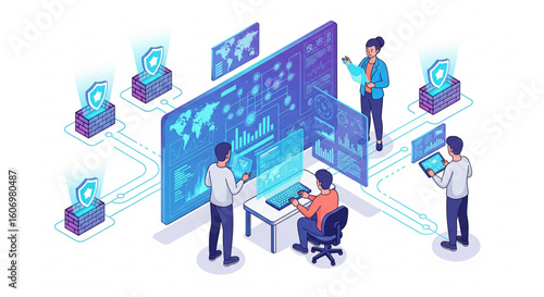 Isometric vector illustration of a cybersecurity operations center with specialists analyzing data.