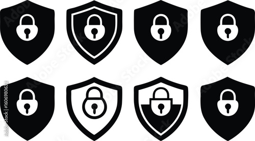 set of protection lock shield black silhouette  vector, shield icon set