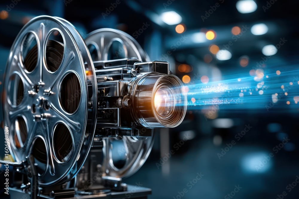 Fototapeta premium Classic film projector displaying colorful light beams in a darkened cinema setting