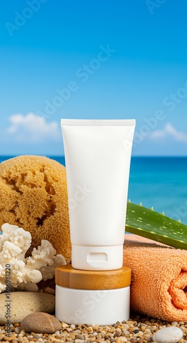 Achieve radiant skin with luxurious spa products presented on a serene beach backdrop