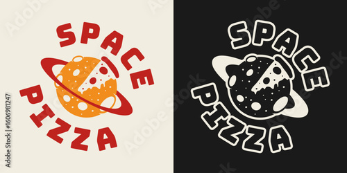 Space pizza combines cosmic vibes with delicious slices in this fun retro illustration.