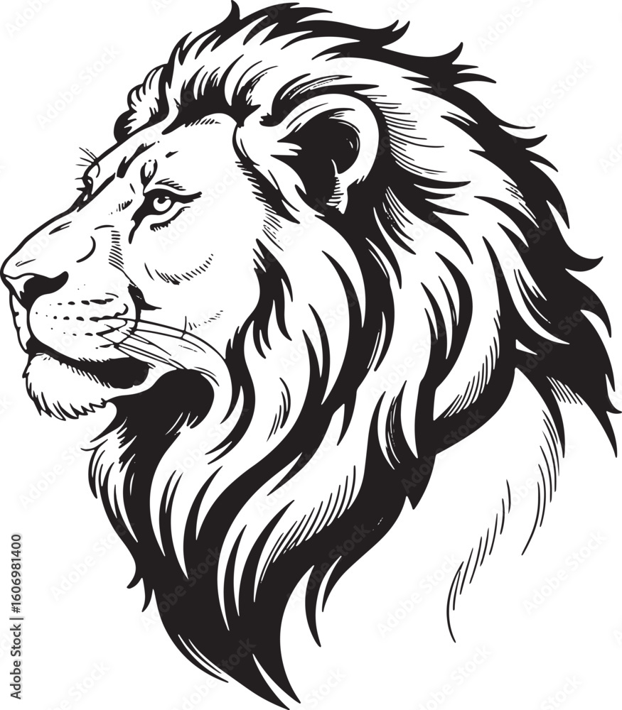 Fototapeta premium Lion Head Side View Vector Illustration with Detailed Fur and Noble Expression Design