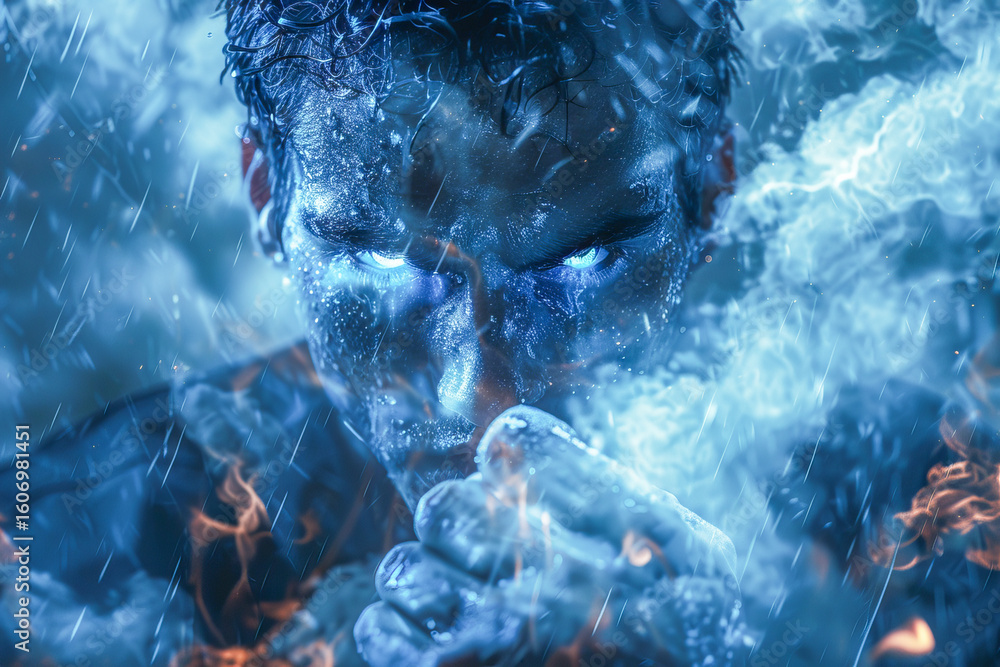 Fototapeta premium Powerful warrior controlling ice and fire elements with intense gaze