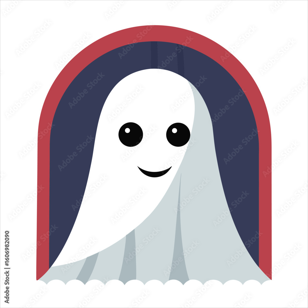 Friendly and cute ghost peeking out from behind an arched frame, perfect for halloween themes Friendly and cute ghost peeking out from behind an arched frame, perfect for halloween themes