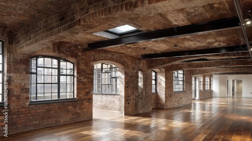 Industrial loft space with exposed brick, high ceilings, and large windows