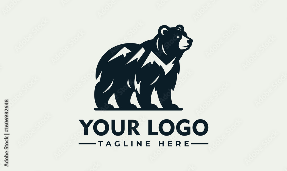 Fototapeta premium A stylized black bear logo incorporating mountain peaks, ready for branding.