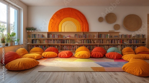 Cozy children's library with colorful seating