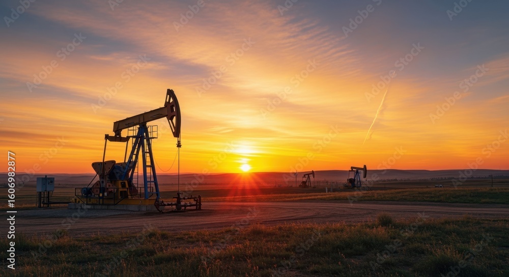 Sunrise landscape featuring working oil pumpjack on site. Sunrise landscape featuring working oil pumpjack on site.