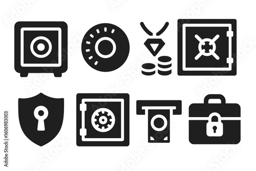 Black and white security icons featuring safes and locks