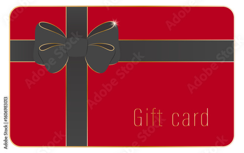 Vector template of red gift card and certificate with black bow and satin ribbon. Loyalty program, bonus card with gift for customers.