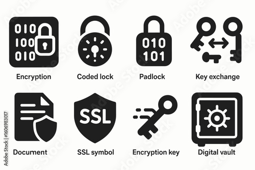 Security icons featuring encryption, padlock, key exchange, digital vault, and ssl symbol