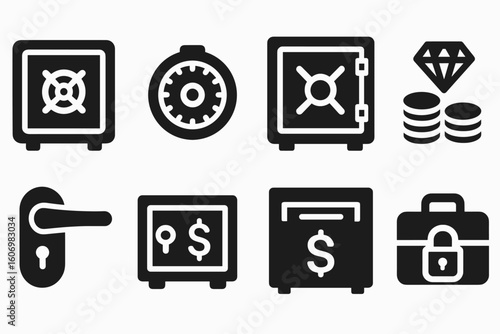 Black and white icons of safes, locks, and valuables highlighting security concepts